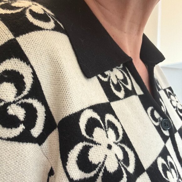 Cider Black & White Checkerboard Floral Knit Button-Down Polo – Size 3XL - Picture 4 of 10